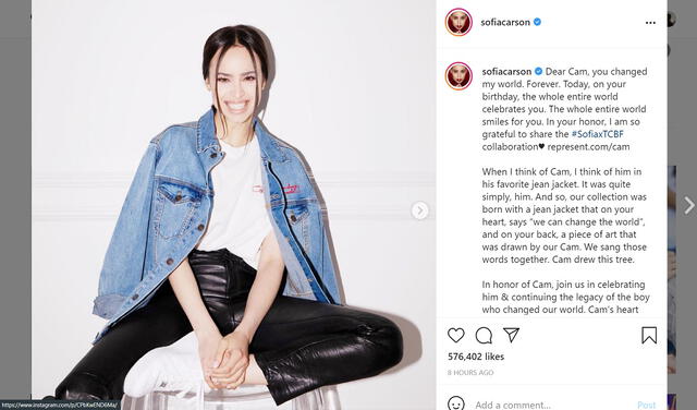 Sofía Carson anuncia colaboración con The Cameron Boyce Foundation. Foto: Instagram/@sofiacarson