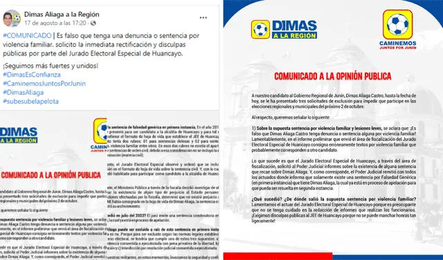 Publicación del candidato Dimas Aliaga donde niega que tenga denuncia por violencia familiar. Foto: captura Facebook