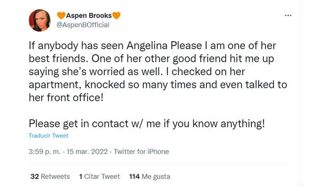 15.3.2022 | Tuit de Aspen Brooks informando de la desaparición de Angelina Please. Foto: captura  Aspen Brooks/Twitter