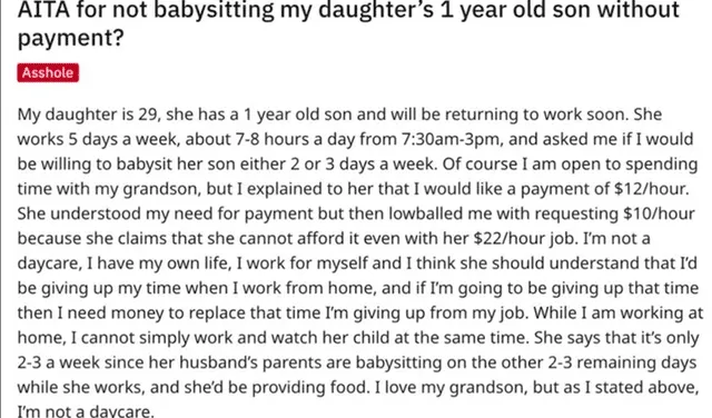 “No soy una guardería”: abuela cobra 15 dólares a su hija para cuidar a su nieto