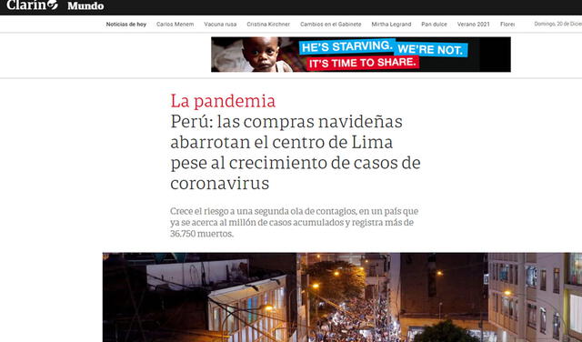 El portal de El Clarín destacó las aglomeraciones registradas en el centro de Lima pese al incremento de casos de COVID-19 en el país. Foto. captura web/El Clarín