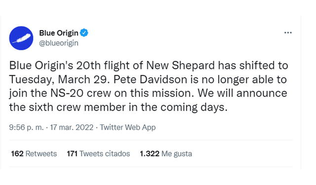 17.3.2022 | Tuit sobre de Blue Origin sobre Pete Davidson. Foto: captura Twitter