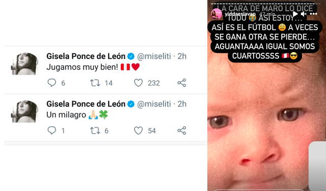 9.7.2021 | Post de Gisela Ponce de León y Yiddá Eslava tras resultados de Perú- Colombia en la Copa América 2021. Foto: captura Gisela Ponce de León / Yiddá Eslava / Twitter / Instagram