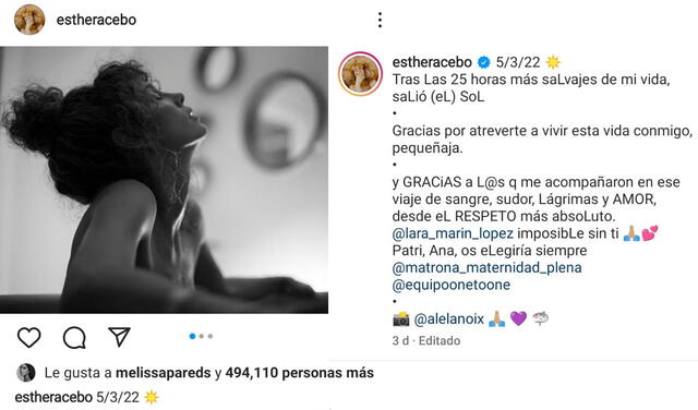 9.3.2022 | Publicación de Esther Acebo anunciando el nacimiento de su hija. Foto: captura Esther Acebo/Instagram