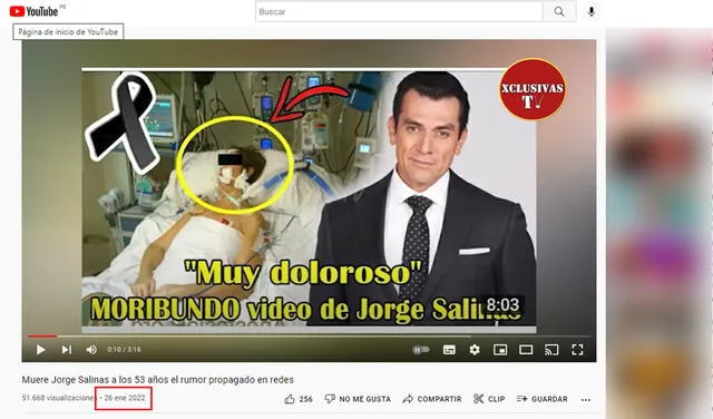 Desinformación más antigua de la supuesta muerte de Jorge Salinas. Foto: captura en Youtube.