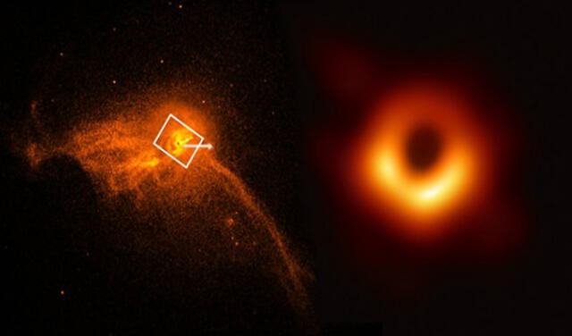 Imagen (a la derecha) del agujero negro supermasivo en el centro de la galaxia M87* | Foto: NASA/CXC/Villanova University/J. Neilsen y EHT