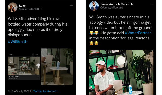 Usuarios criticaron la presencia de la botella de agua en las disculpas de Will Smith a Chris Rock. Foto: captura Twitter