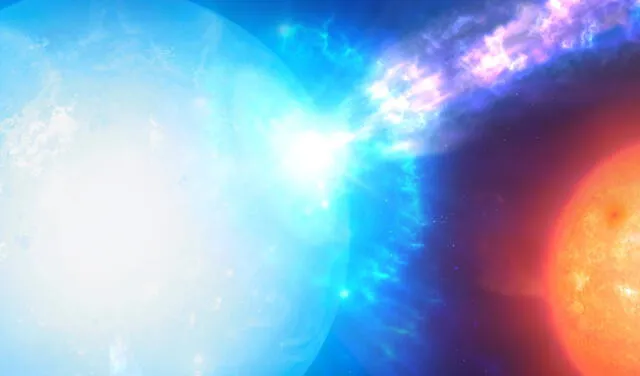 Cuando la enana blanca roba el hidrógeno de su estrella compañera forma una especie de disco a su alrededor. Dicho material luego se canaliza hacia sus polos, donde finalmente explota en una micronova. Foto: ESO / M. Kornmesser / L. Calçada