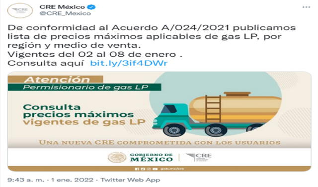 Los precios más recientes del Gas LP en México. Foto: @CRE_Mexico/Twitter