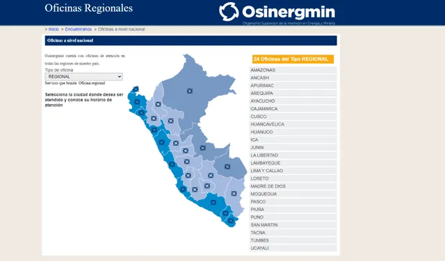 Osinergmin cuenta con una plataforma digital en la que los usuarios pueden identificar sus sedes a nivel nacional. Foto: captura Osinergmin