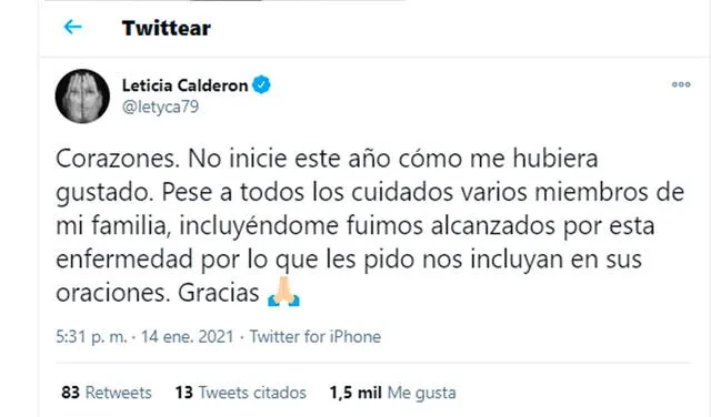 14.1.2020 | Publicación  de Leticia Calderón anunciando que tiene COVID-19. Foto: captura Twitter