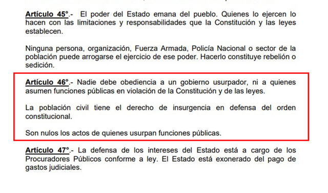 Artículo 46 de la Constitución Política del Perú. Foto: captura de una página de la Constitución Política del Perú.