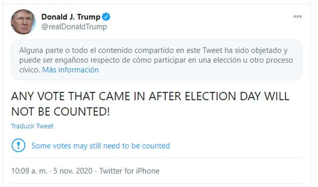 Twitter consideró que la publicación de Trump interfiere en las elecciones de Estados Unidos. Foto: captura