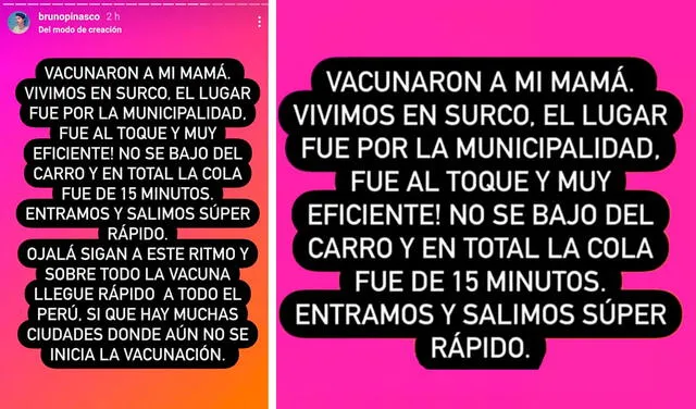 24.4.2021 | Post de Bruno Pinasco sobre la vacunación de su mamá. Foto: captura Bruno Pinasco / Instagram