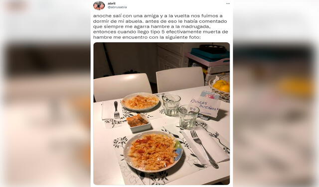 Twitter viral: joven llega a la casa de su abuela después de una fiesta y descubre que ella le dejó la cena lista