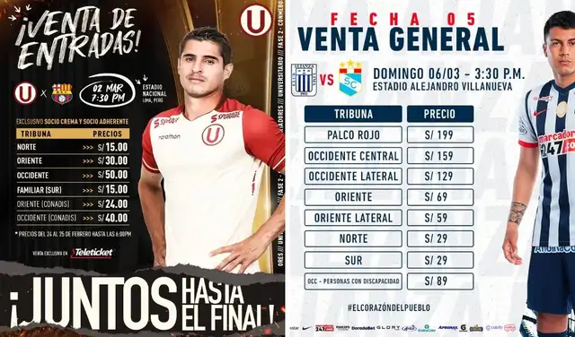 Comparación de precios para los encuentros de Copa Libertadores y Liga 1. Foto: Composición LR/Universitario/Alianza Lima.