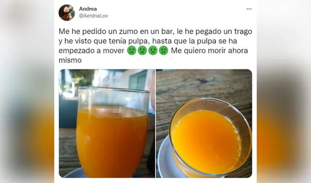 Twitter viral: pide zumo de naranja en bar y queda aterrada al ver que algo se movía: “Me quiero morir”