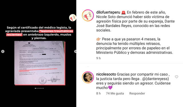 20.6.2022 | Comentario de Nicole Soto, Miss Teen Model Región Lima, denunciando a su pareja, el influencer y tiktoker Dante Bardales Reyes. Foto: captura Instagram