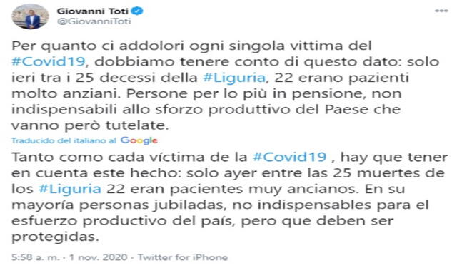 El tuit de Giovanni Toti traducido al español. Foto: captura de Twitter