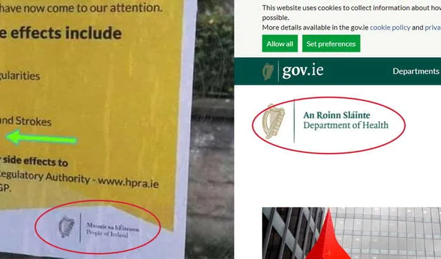A la derecha de la imagen está el cartel falso; en tanto, a la izquierda, el logo oficial del Ministerio de Salud. Foto: captura en Facebook / captura en web del Gobierno irlandés.