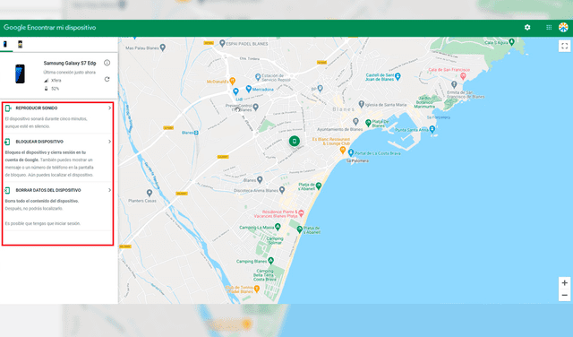 En este mapa, Google te avisará dónde está tu móvil y qué pasos seguir. Foto: Captura de pantalla