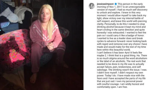 1.11.2021 | Post de Jessica Simpson hablando de su adicción. Foto: captura Jessica Simpson / | Instagram