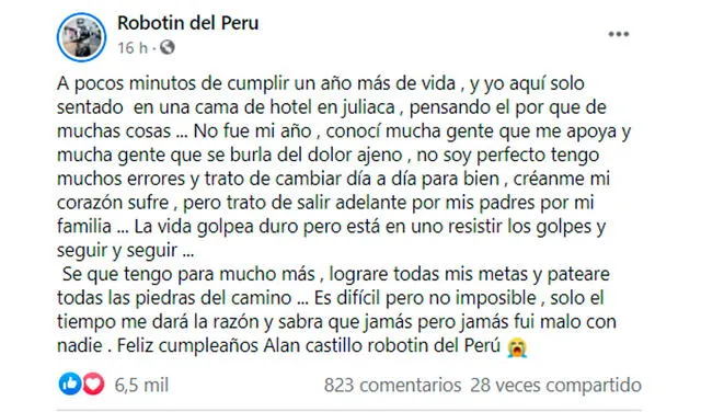 5.6.2021 | Post de Alan Castillo ‘Robotín’  por su cumpleaños. Foto: Alan Castillo ‘Robotín’  / Facebook.
