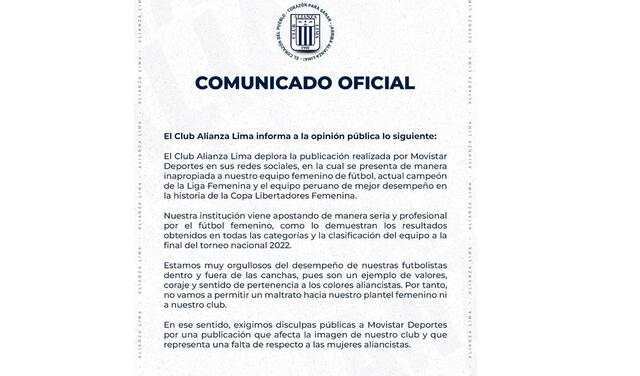 Alianza Lima se pronunció sobre polémica publicación de Movistar Deportes. Foto: Alianza Lima