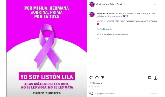 Aldaris Sánchez se solidariza con Damaria en Instagram.