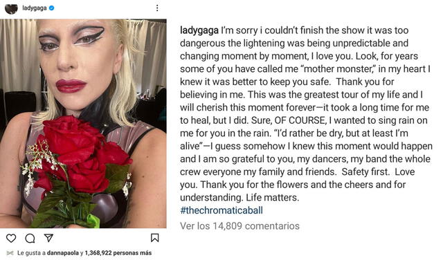 17.9.2022 | Publicación de Lady Gaga disculpándose por no concluir su último concierto en Miami. Foto: Lady Gaga/Instagram