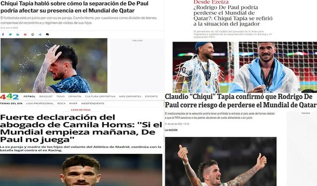 Titulares de la prensa argentina sobre De Paul. Foto: composición captura de Infobae/La Nación/Clarín/442