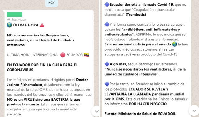 El texto titulado "En Ecuador por fin la cura para el coronavirus", sigue circulando por servicios de mensajería. Captura: WhatsApp.