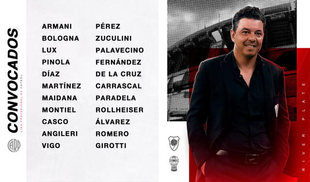 Convocados por River Plate para enfrentar a Huracán. Foto: RiverPlate/Twitter