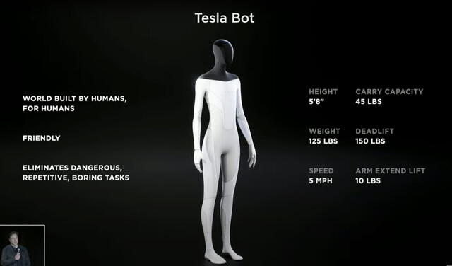 Este es el concepto del Tesla Bot: 56 kg de peso, 1,72 cm de alto y llega a una velocidad de 8 km/h cuando corre. Foto: Al Day / difusión