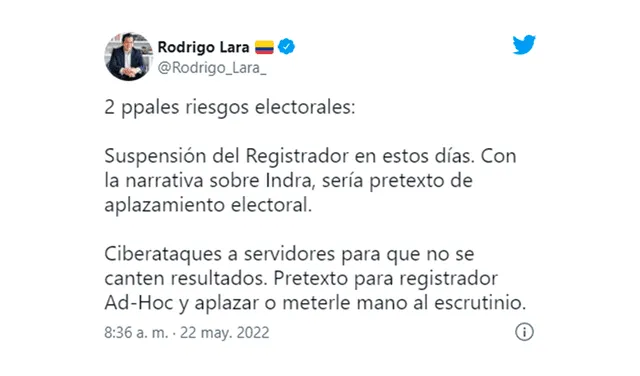 El senador Rodrigo Lara afirmó que el Ejecutivo o la Procuraduría quería suspender las elecciones.