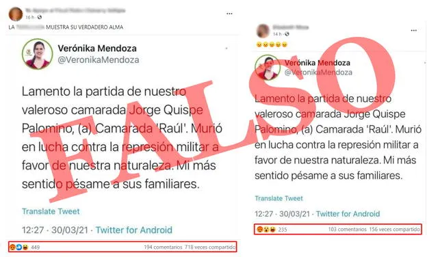 Es falso que Verónika Mendoza haya lamentado la muerte del ‘camarada Raúl’