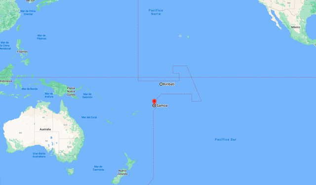 La Línea Internacional de Cambio de Fecha. Kiribati y Samoa aparecen a su izquierda. Foto: Google Maps