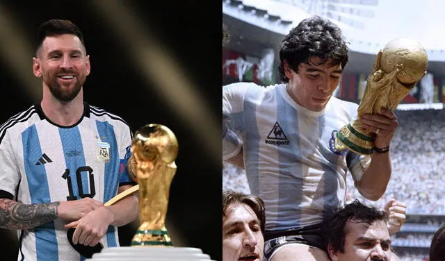 Messi y Maradona con la Copa del Mundo. Foto: Composición LR/AFP