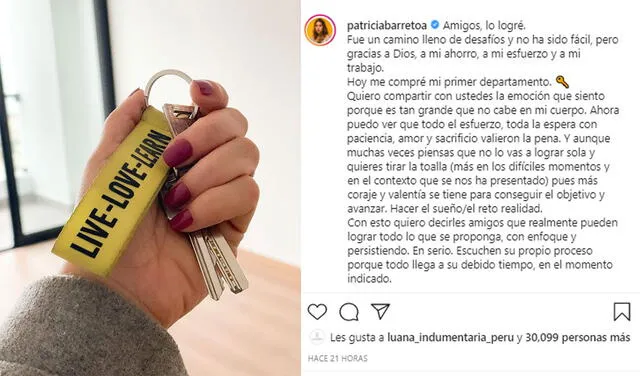20.9.2021 | Post de Patricia Barreto celebrando la compra de su departamento. Foto: capturaPatricia Barreto / Instagram