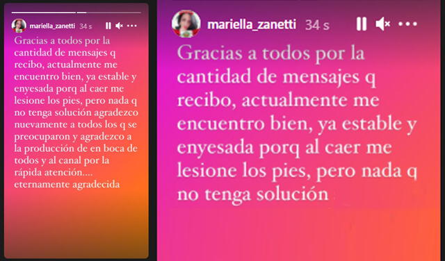 6.8.2021 | Post de Mariella Zanetti tras revelando que se encontraba enyesada. Foto: captura Mariella Zanetti / Instagram