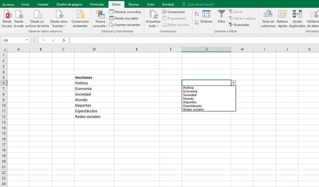 Pasos para crear una lista desplegable en Excel. Foto: captura