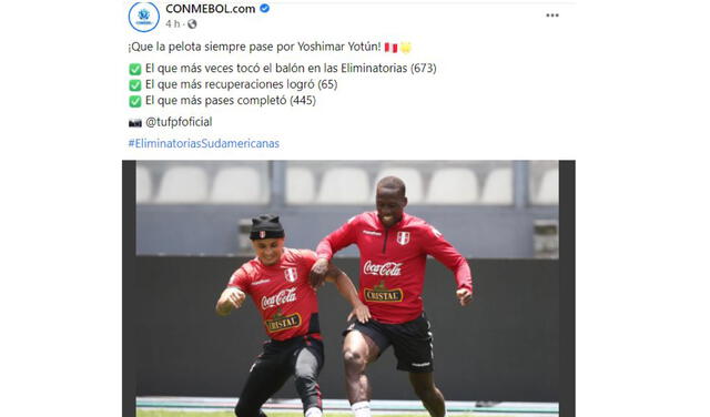 La cuenta de Conmebol publicó los números de Yotún. Foto: Conmebol.