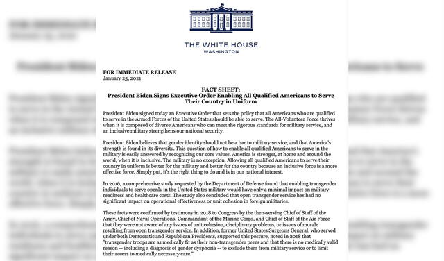 Parte del comunicado que emitió la Casa Blanca con respecto a la anulación de disposición que discrimina a personas trans en el acceso al Ejército de Estados Unidos. Foto: Twitter