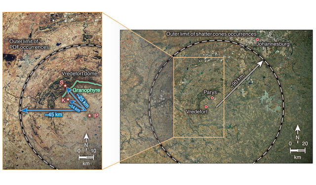 Vistas satelitales del cráter Vredefort. Fotos: NASA Earth Observatory