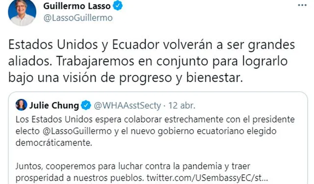 Guillermo Lasso: “Ecuador y Estados Unidos volverán a ser grandes aliados”