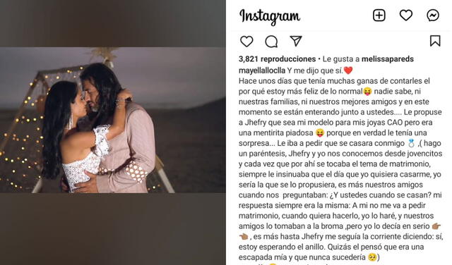 11.2.2022 | Primera parte del post de Mayella Lloclla sobre su proposición de matrimonio. Foto: captura Mayella Lloclla/Instagram