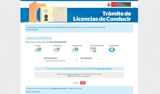 Plataforma para el trámite de desistimiento de la licencia de conducir. Foto: captura de licencias.mtc.gob.pe