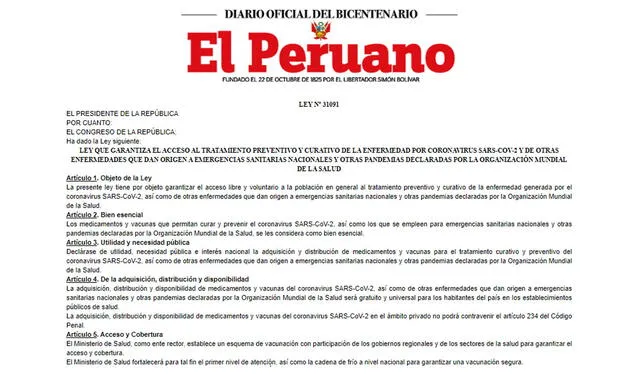 Ley 31091 publicado en el diario oficial El Peruano. Foto: captura / Web El Peruano