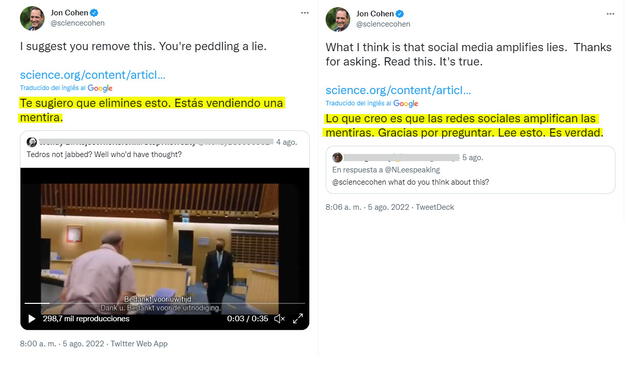 Jon Cohen descarta la veracidad del clip viral sobre Tedros Adhanom. Foto: composición / capturas en Twitter - Jon Cohen.