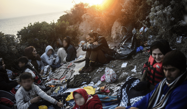 Migrantes y refugiados se esconden detrás de los arbustos mientras esperan que caiga la noche para intentar cruzar a la isla griega de Kos desde la zona turca Bodrum. Foto: AFP